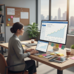 Small business owner reviewing SEO growth over time on a laptop with search analytics and timeline planning