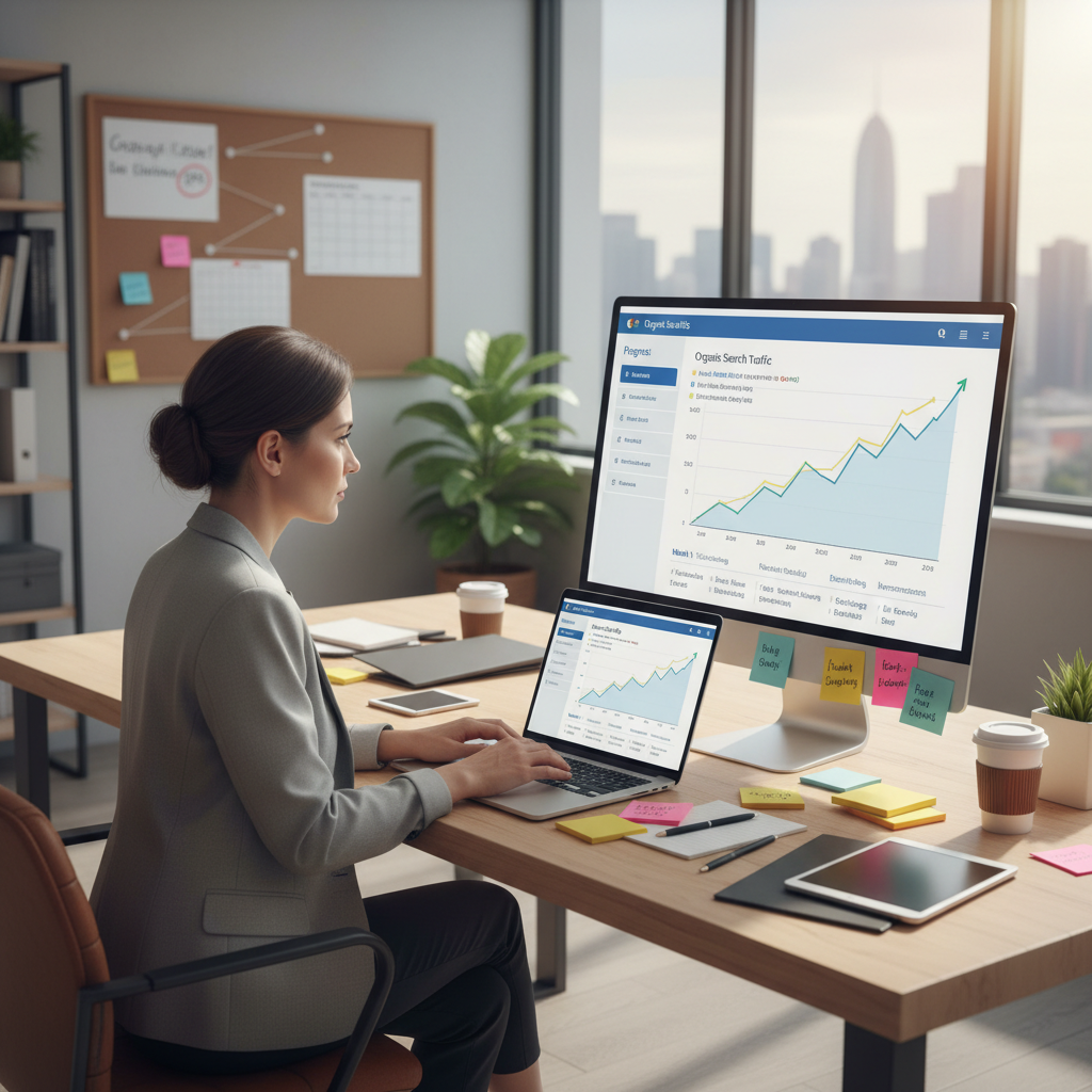 Small business owner reviewing SEO growth over time on a laptop with search analytics and timeline planning