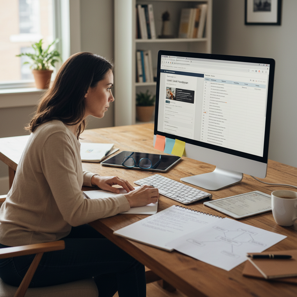 Marketer reviewing website SEO tasks, keyword planning, and on-page optimization work for a small business