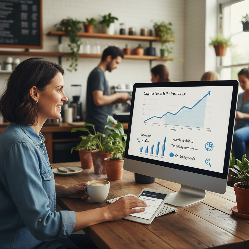 Small business owner seeing better organic visibility, leads, and SEO traction over time