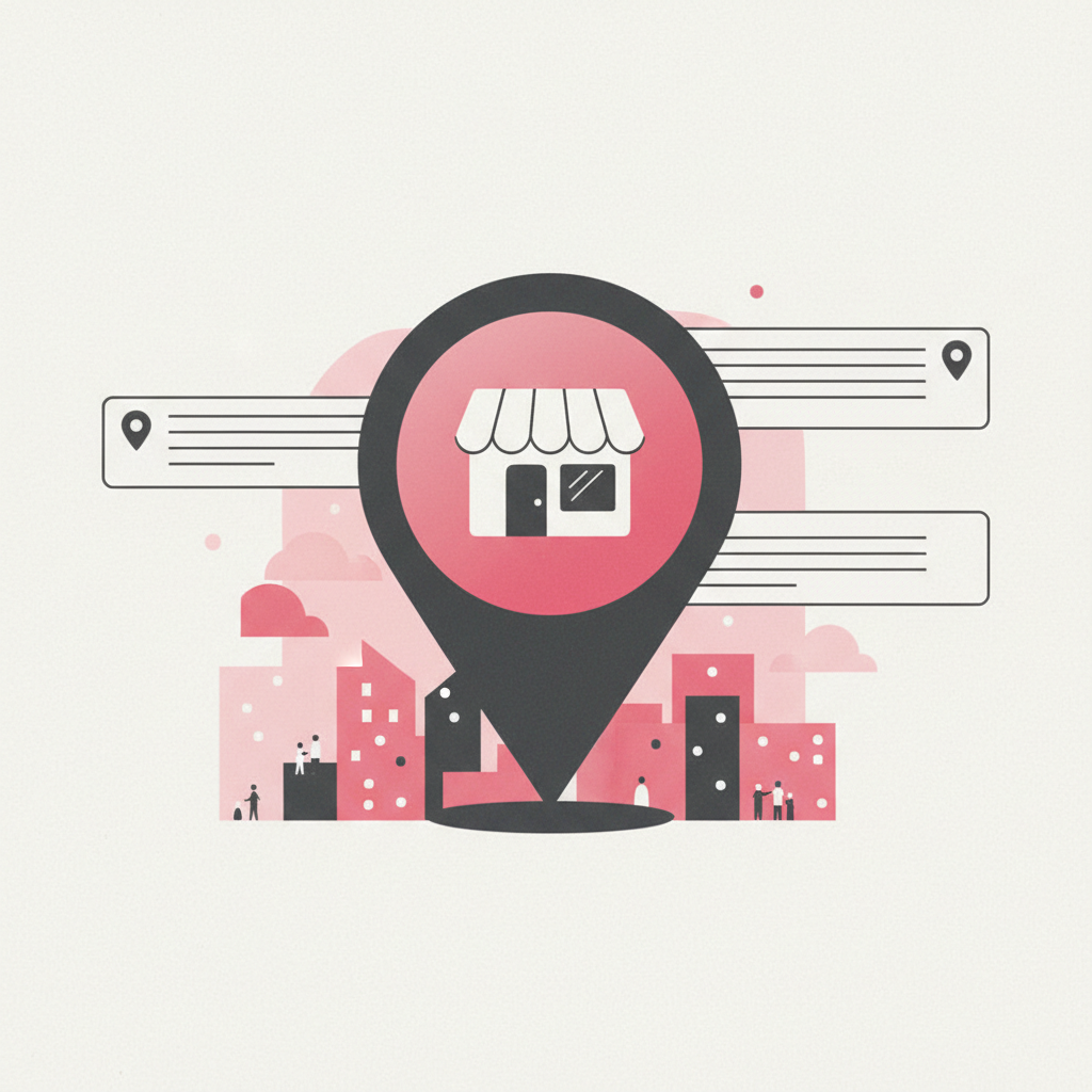 Editorial illustration showing local SEO, map visibility, and a small business storefront